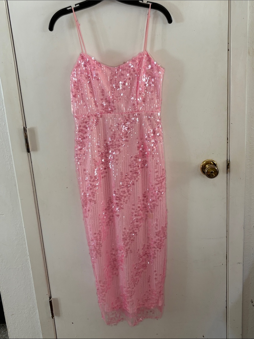 Here Comes the Sun pink midi dress diagonal sequins lace up back Size Small